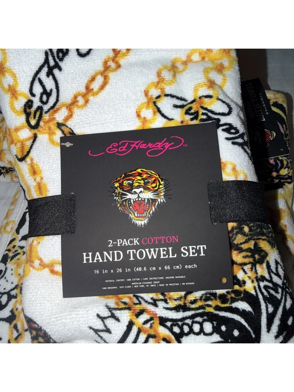 Ed Hardy 2 Bath Towels 28x53+matching 2PK Hand Towel Set Tiger Chain NWT